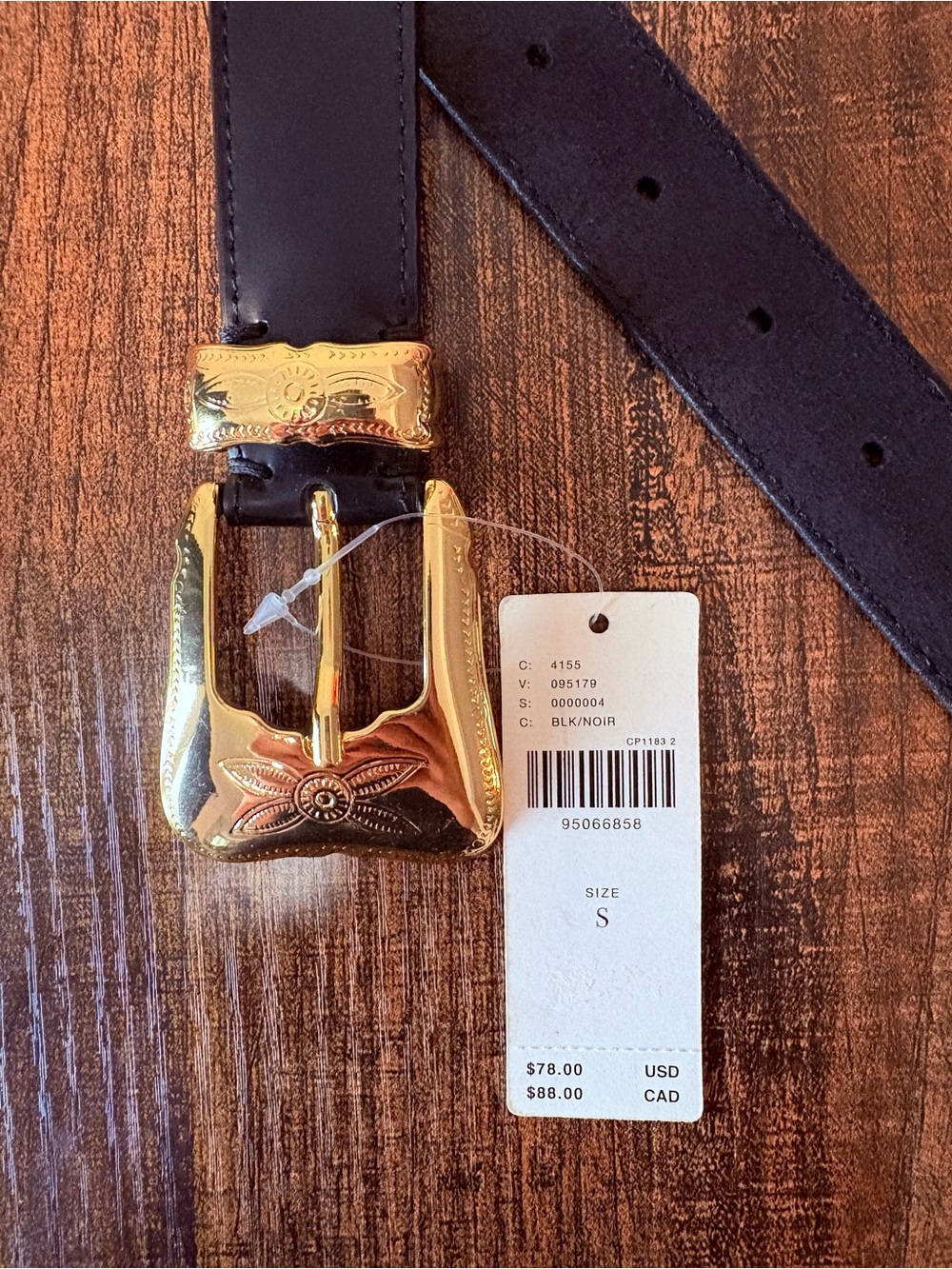 Anthropologie Black Leather Belt with Gold Engraved Buckle
